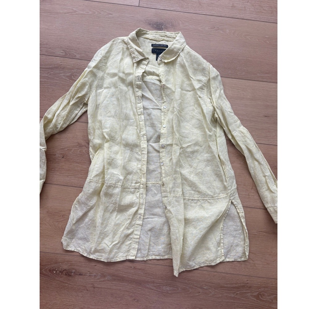 Tahari Essentials Womens 100% Linen‎ Button Down Tunic Shirt Yellow Size Medium